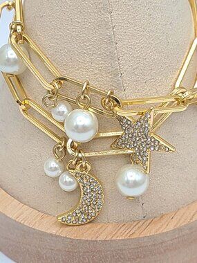 J Crew Gold Tone Paper Clip Bracelet with Pearls NWOT